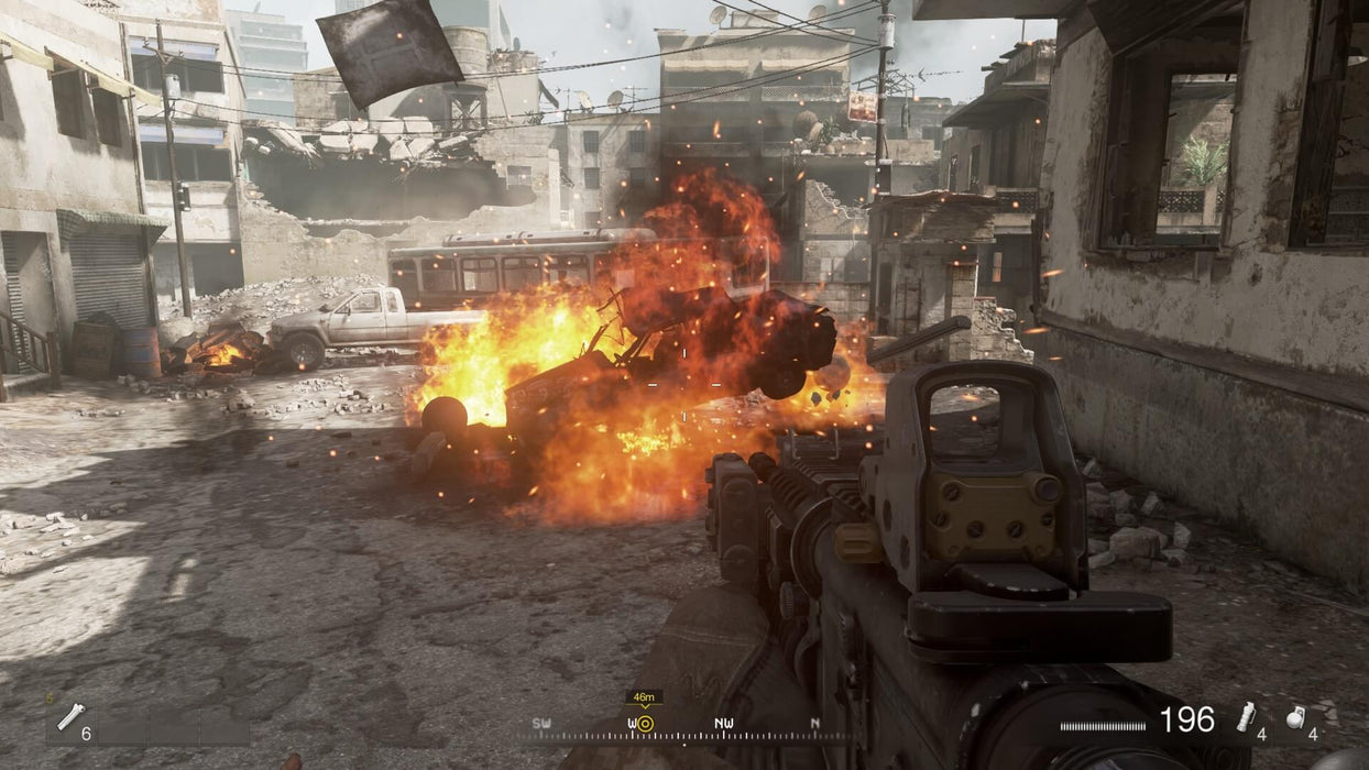 Gameplay Screenshot 
A war-torn city with an explosion engulfing a vehicle while the player holds an assault rifle in Call of Duty: Modern Warfare Remastered. Get your Xbox One digital game key instantly at RushGame.co and jump into intense, action-packed firefights with enhanced visuals