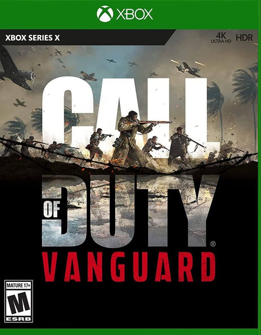 The official cover art of Call of Duty: Vanguard for Xbox Series X, featuring a squad of soldiers storming a beach under heavy fire with planes flying overhead. Get your Call of Duty: Vanguard Xbox Series X|S CD Key US at RushGame.co and experience the intense World War II battles with stunning 4K visuals