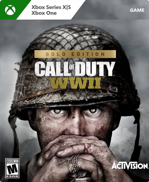 This is cover for Call of Duty: WWII Gold Edition on Xbox One and Xbox Series X|S, featuring a close-up of a battle-worn soldier with piercing eyes. Get your digital CD key at RushGame.co and experience intense World War II action with instant delivery