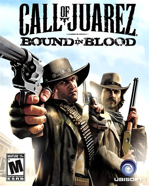 Cover image of Call of Juarez: Bound in Blood – This official cover art for Call of Juarez: Bound in Blood showcases two fierce gunslingers armed with revolvers, ready for action in the Wild West. Get your digital CD key for Call of Juarez: Bound in Blood on PC via GOG at RushGame.co and experience intense first-person Western shootouts