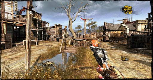 gameplay screenshot: Intense shootout in Call of Juarez: Gunslinger, captured in a slow-motion bullet-time effect, showing a Western gunslinger duel.