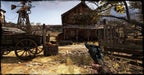 gameplay screenshot: Classic Wild West environment in Call of Juarez: Gunslinger, with a player holding a revolver in a rustic frontier settlement