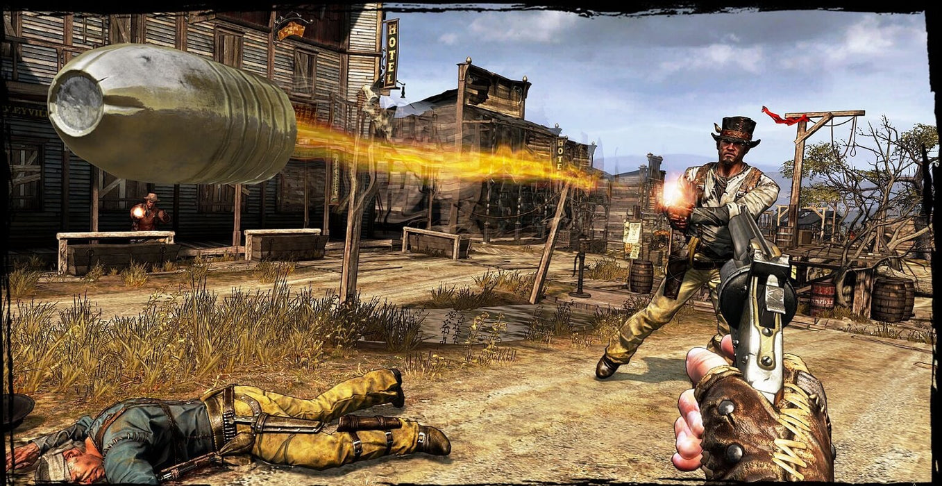 gameplay screenshot: A first-person view of a gunfight in an old Western town from Call of Juarez: Gunslinger, featuring wooden saloons and bounty signs