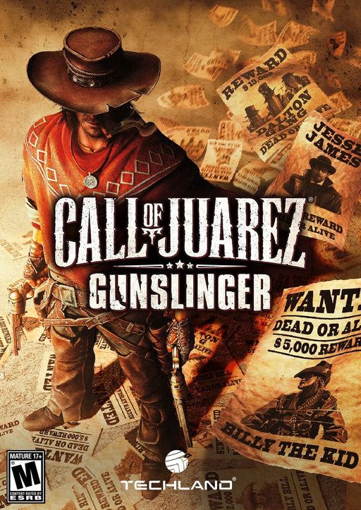 cover art for Call of Juarez: Gunslinger on PC Steam, featuring a bounty hunter with dual revolvers, surrounded by wanted posters of infamous outlaws