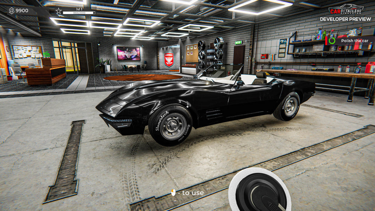 Gameplay screenshot: Black convertible in detailing shop)

A beautifully polished black convertible in Car Detailing Simulator on PC Steam, ready for the final touches. Clean, restore, and customize cars—buy your digital game key at RushGame.co today!
