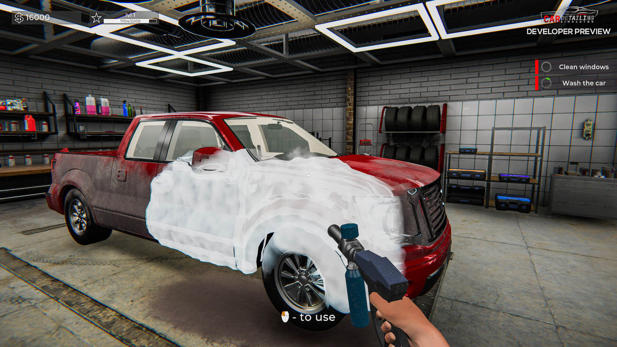 Gameplay screenshot Pickup truck being washed
A player pressure washing a red pickup truck in Car Detailing Simulator on PC Steam. Restore vehicles to their former glory with advanced detailing mechanics—get your Steam CD key instantly at RushGame.co