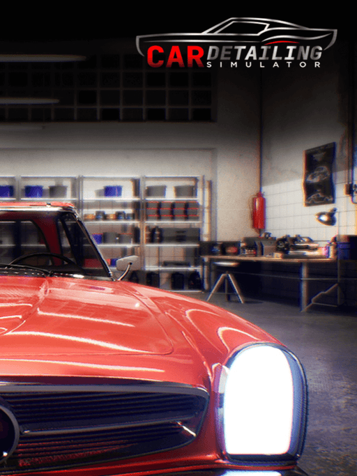 Official cover art for Car Detailing Simulator on PC Steam, featuring a classic red car in a detailing workshop. Buy your Steam CD key at RushGame.co and start restoring and customizing vehicles today