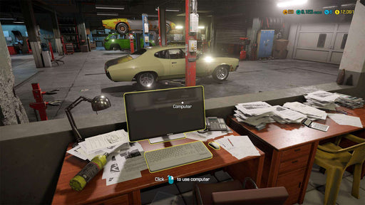 Gameplay screenshot from Car Mechanic Simulator 2018 on PC Steam, showing a mechanic’s workstation overlooking a detailed garage filled with classic and modern cars. Start your automotive repair business today—get your Steam CD key at RushGame.co!