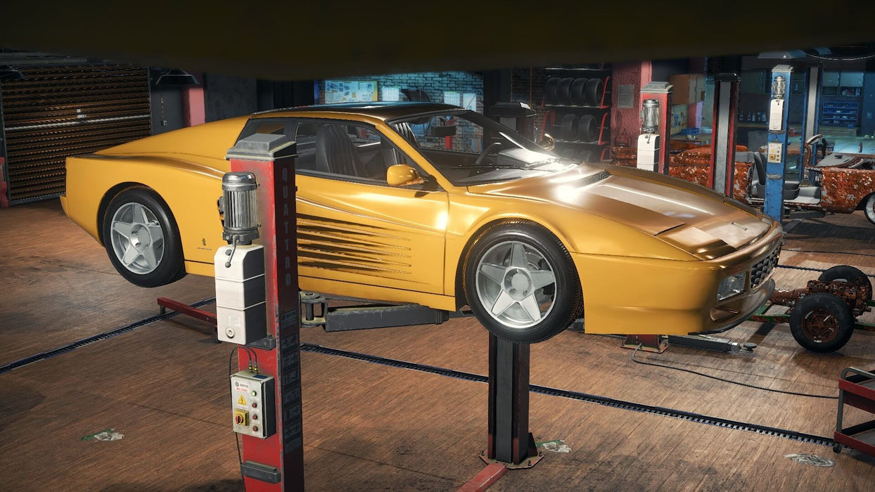 A golden sports car lifted on a hydraulic lift in Car Mechanic Simulator 2018 on PC Steam, ready for repairs and upgrades. Enjoy a realistic car workshop simulation—get your Steam CD key instantly at RushGame.co.