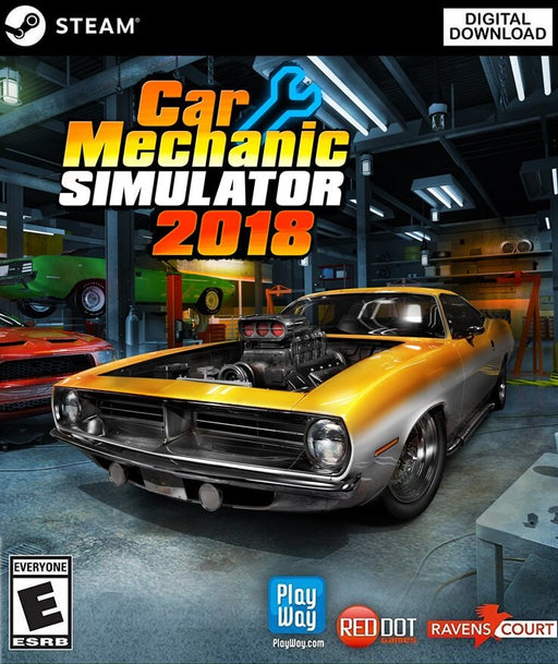 Cover art for Car Mechanic Simulator 2018 on PC Steam, featuring a muscle car under repair in a fully-equipped garage. Buy your Steam CD key at RushGame.co and experience the ultimate car restoration simulator!