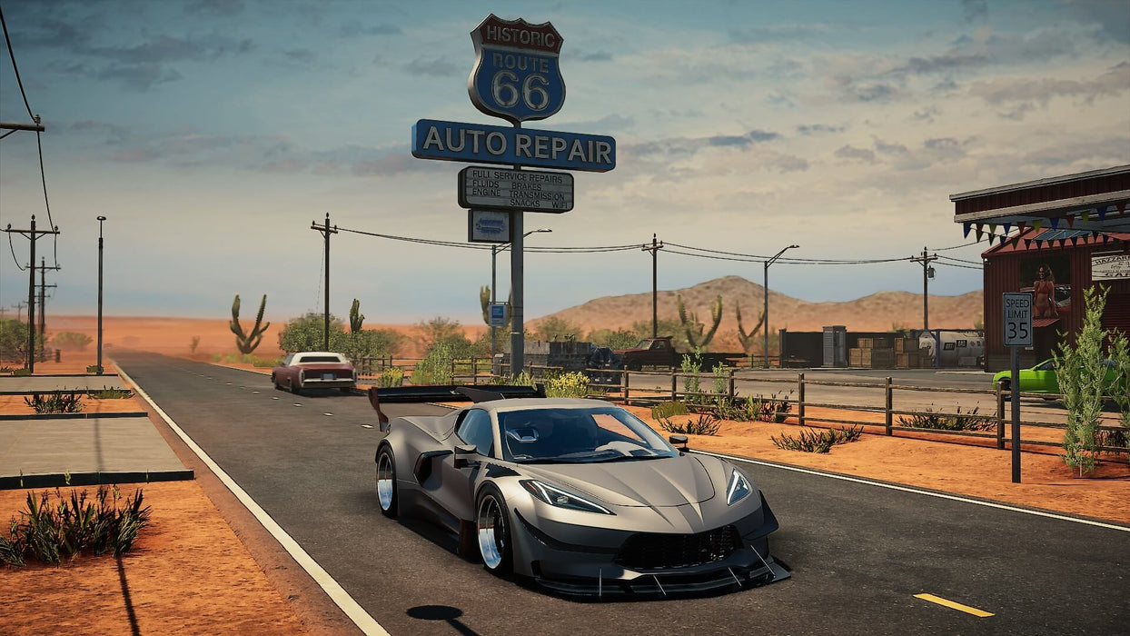 Gameplay screenshot: Modified sports car on Route 66-
A sleek, modified sports car parked near an auto repair shop on Route 66 in Car Mechanic Simulator 2021 on PC Steam. Explore new repair challenges—get your digital game key instantly at RushGame.co!