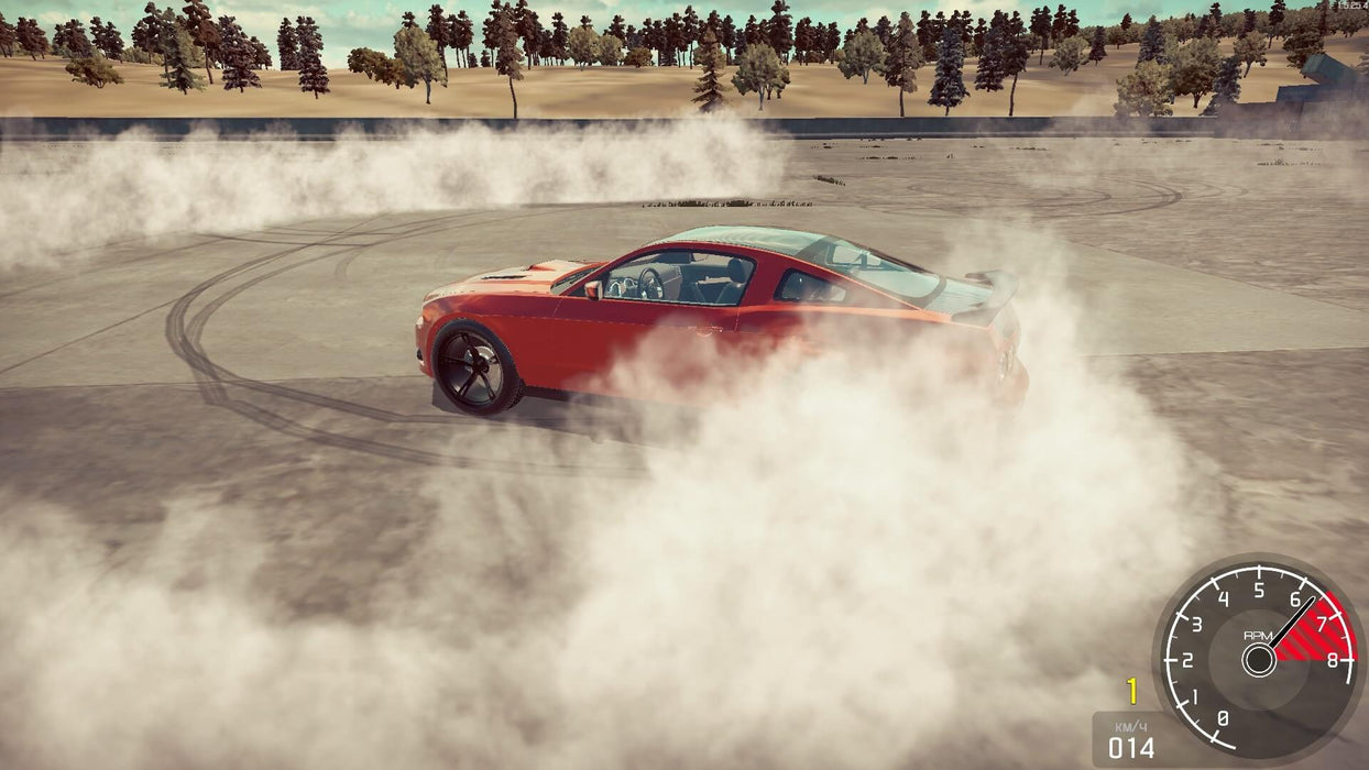 gameplay screenshot: A high-performance sports car drifting and generating a smoke trail in Car Mechanic Simulator on Xbox One. Experience realistic driving physics—buy your Xbox digital key now at RushGame.co