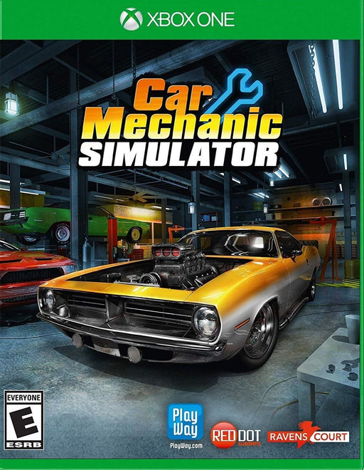 Official cover art for Car Mechanic Simulator on Xbox One, featuring a detailed garage with a restored muscle car. Buy your Xbox digital CD key at RushGame.co and start your car restoration journey today!