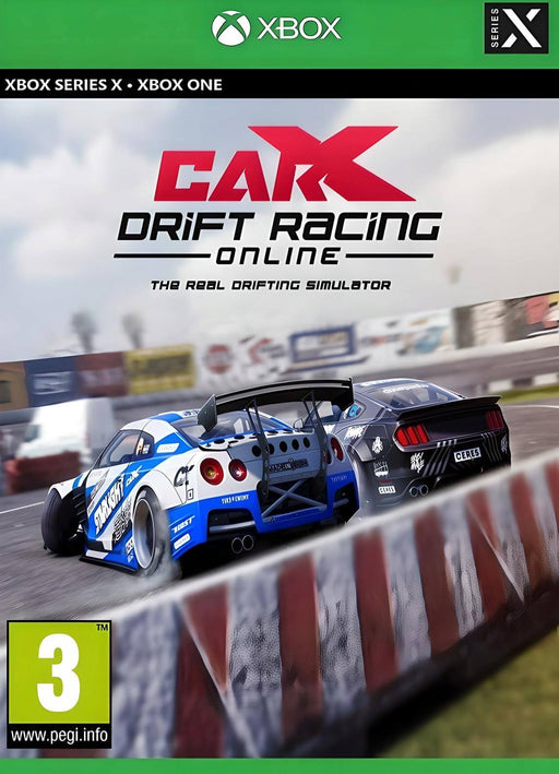 Cover art for CarX Drift Racing Online on Xbox Series X and Xbox One, featuring two high-performance drift cars battling on a racetrack. Buy your game key now at RushGame.co