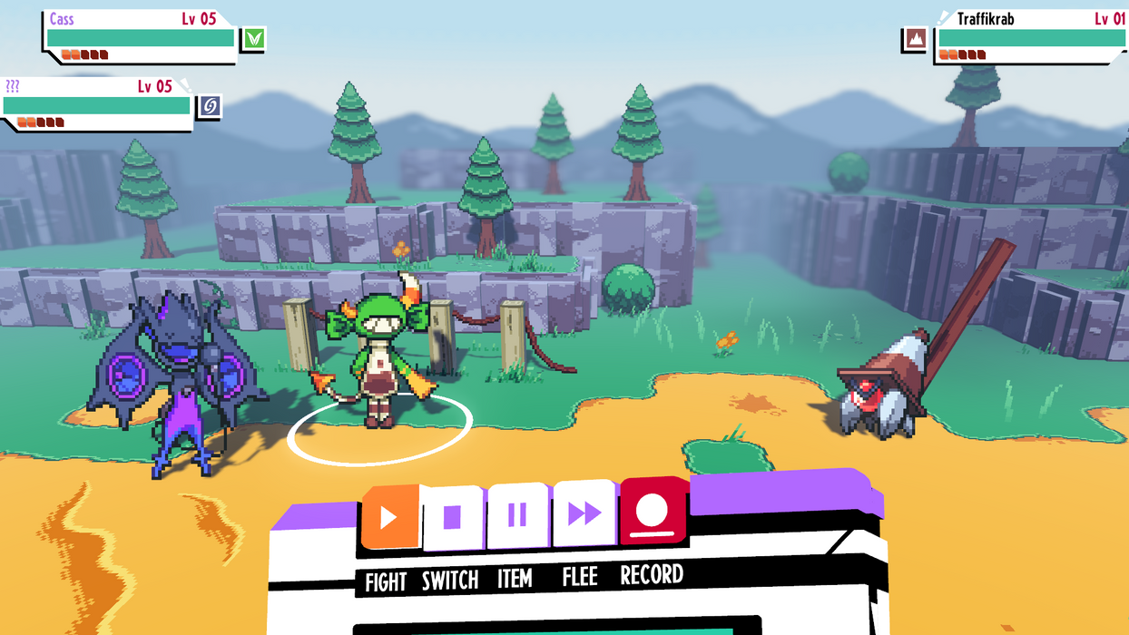 Gameplay Screenshot 1 – This in-game screenshot from Cassette Beasts depicts a battle scene with a party of creatures engaging in strategic combat in a vibrant, pixel-art world. Buy Cassette Beasts PC Steam digital key at RushGame.co and experience this innovative turn-based RPG with monster fusion mechanics