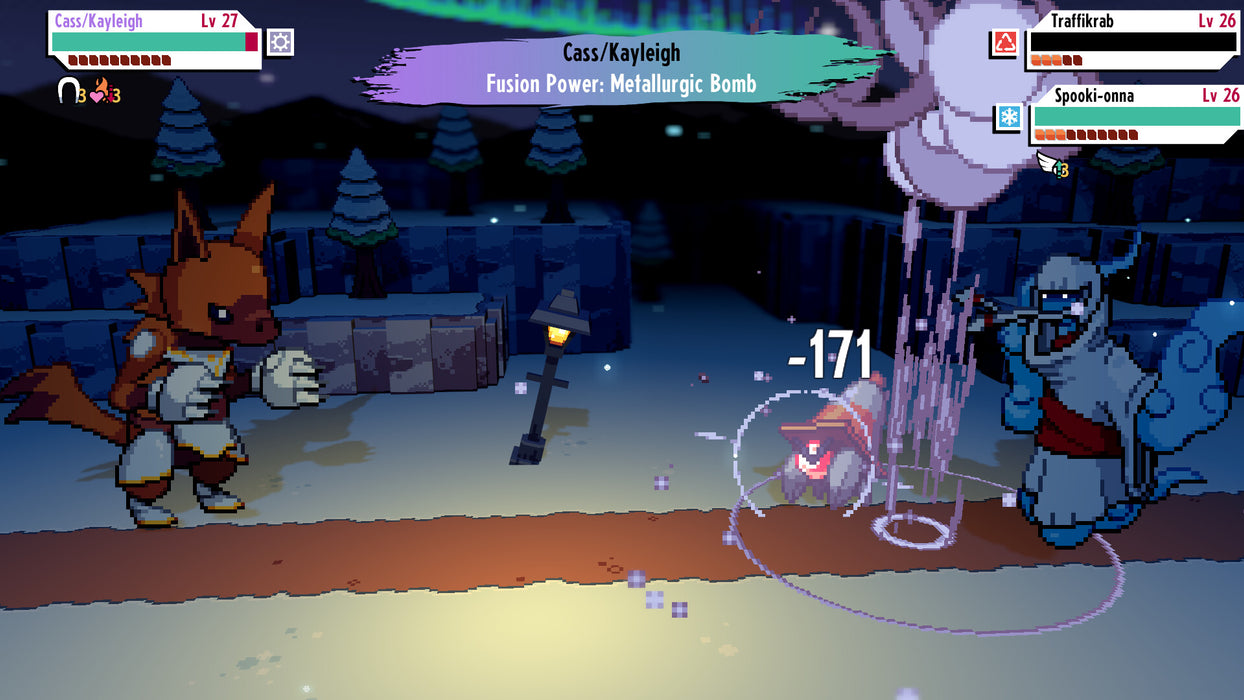 Gameplay Screenshot 2 – A nighttime battle scene from Cassette Beasts, showcasing a powerful fusion attack named "Metallurgic Bomb" as pixelated monsters clash in an intense combat sequence. Find your Cassette Beasts PC Steam activation key at RushGame.co and explore a world of tactical monster transformations
