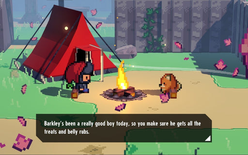 Gameplay Screenshot 3 – A charming campsite scene from Cassette Beasts, where the protagonist interacts with a small dog-like companion named Barkley, receiving praise and rewards. Secure your Cassette Beasts digital key for Steam at RushGame.co and enjoy a nostalgic yet modernized RPG adventure