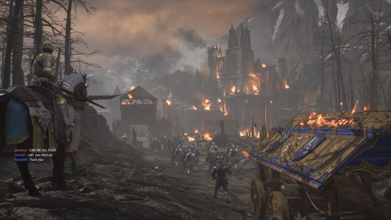Chivalry 2 PC Epic Games Gameplay Screenshot 2 – A mounted knight overlooks a burning fortress as armies clash in the distance, setting the stage for an epic medieval siege. Secure your Chivalry 2 PC Epic Games CD Key from RushGame.co and immerse yourself in a grand medieval battlefield