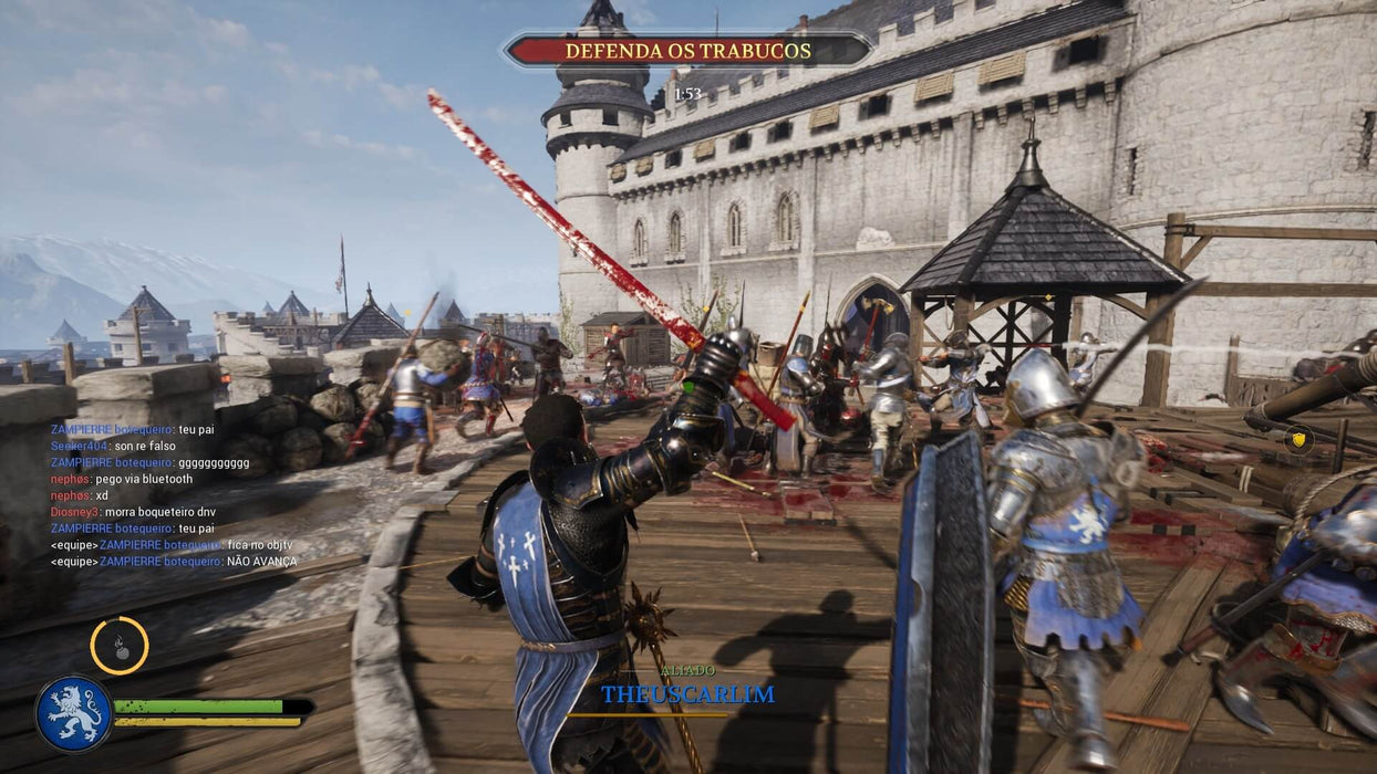 Chivalry 2 PC Epic Games Gameplay Screenshot 3 – A heavily armored warrior fights on a castle wall, swinging a blood-stained sword as opposing factions engage in brutal combat. Get your Chivalry 2 PC Epic Games CD Key at RushGame.co and experience the intensity of medieval warfare with realistic melee physics