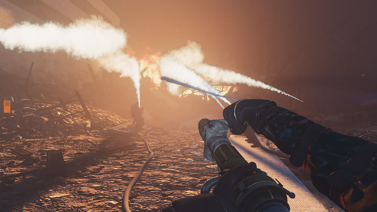 Gameplay screenshot from Chornobyl Liquidators, depicting a fireman in a protective suit facing blazing wreckage, surrounded by destruction. Secure your Steam CD Key now at RushGame.co and step into the role of a true hero.