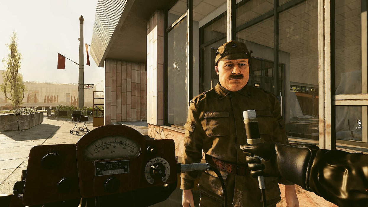 A Soviet officer in Chornobyl Liquidators, standing in a post-disaster cityscape, engaging with the player in a historical recreation of the Chernobyl cleanup. Get your PC Steam CD Key at RushGame.co and experience the harrowing mission