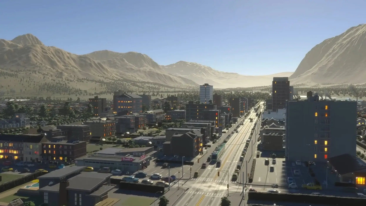 Stunning cityscape view in Cities: Skylines II with mountains in the background, showcasing realistic urban development. Buy your Cities: Skylines II Steam Key today at RushGame.co for instant digital delivery