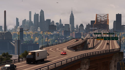 Gameplay screenshot: A stunning urban view showcasing a busy highway with cars and trucks leading towards a towering skyline, reminiscent of New York City. Buy your Cities: Skylines Complete Edition Steam key from RushGame.co and build your own metropolis with realistic infrastructure and traffic management