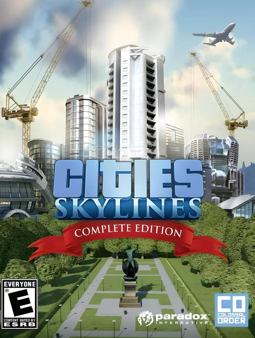 The cover art for Cities: Skylines Complete Edition featuring a futuristic city skyline with high-rise buildings, construction cranes, and a statue in the foreground. Get your Cities: Skylines Complete Edition PC Steam CD Key instantly at RushGame.co and experience the ultimate city-building simulation