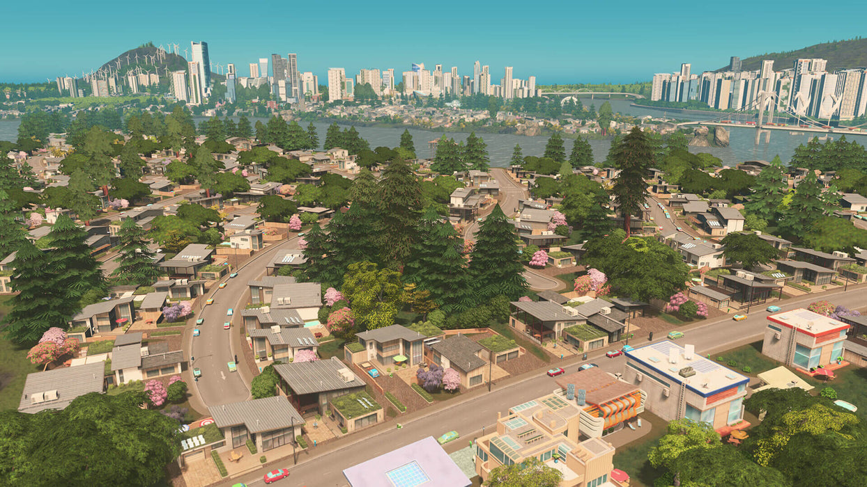 gameplay screenshot: A scenic in-game view from Cities: Skylines Deluxe Edition on PC Steam, depicting a beautifully crafted suburban area with green trees, modern homes, and a distant futuristic city skyline. Get your Cities: Skylines Deluxe Edition CD Key today at RushGame.co