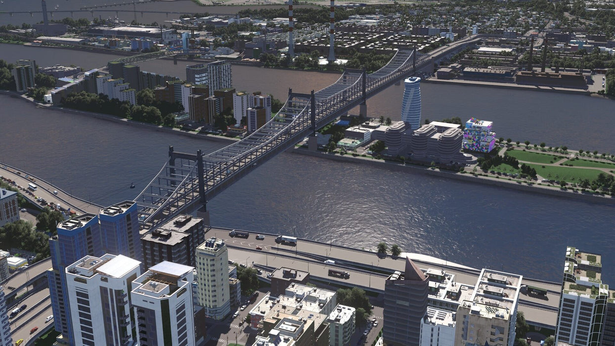 gameplay screenshot: A detailed aerial shot of a sprawling urban environment in Cities: Skylines Deluxe Edition, featuring a massive bridge over a river, high-rise buildings, and a well-developed transportation system. Secure your Cities: Skylines Deluxe Edition Steam Key instantly at RushGame.co.