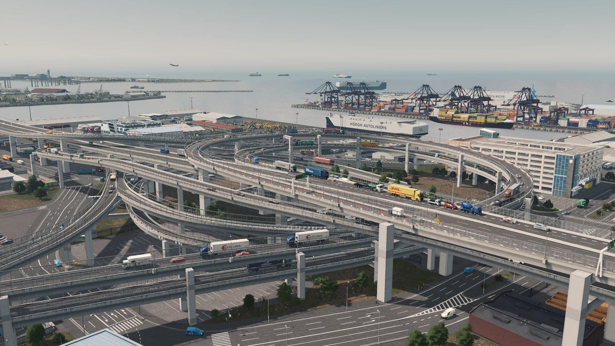 gameplay screenshot: A realistic depiction of a busy highway interchange and industrial port in Cities: Skylines Deluxe Edition, highlighting advanced city planning and traffic management features. Expand your city-building experience with a digital CD Key from RushGame.co