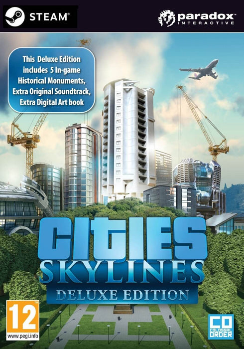 The cover art for Cities: Skylines Deluxe Edition on PC Steam, showcasing the game's modern cityscape with towering skyscrapers and construction cranes. Purchase your Cities: Skylines Deluxe Edition CD Key now at RushGame.co for instant digital delivery.