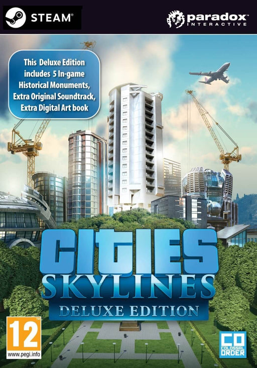 The cover art for Cities: Skylines Deluxe Edition on PC Steam, showcasing the game's modern cityscape with towering skyscrapers and construction cranes. Purchase your Cities: Skylines Deluxe Edition CD Key now at RushGame.co for instant digital delivery.