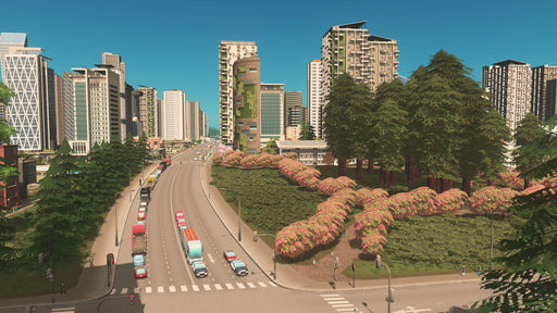 A modern cityscape in Cities: Skylines - Green Cities DLC, showcasing high-rise buildings with green facades, a well-planned highway, and lush parks in an eco-friendly metropolis. Buy your Cities: Skylines - Green Cities DLC PC Steam CD Key at RushGame.co and create your dream sustainable city today