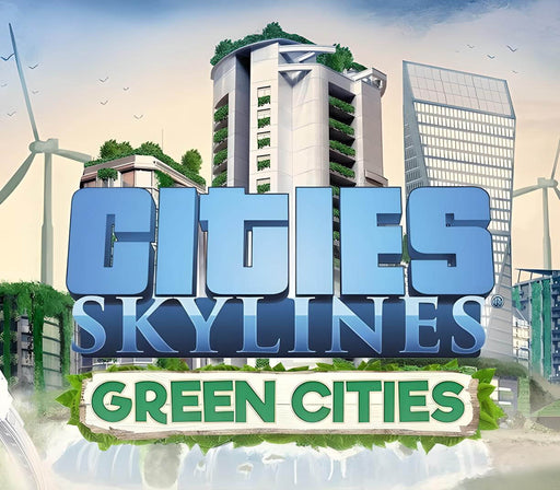 cover of Cities: Skylines - Green Cities DLC, featuring futuristic eco-friendly skyscrapers with lush greenery and wind turbines in the background. Get your Cities: Skylines - Green Cities DLC PC Steam CD Key at RushGame.co for instant digital delivery and expand your city-building experience with sustainable architecture