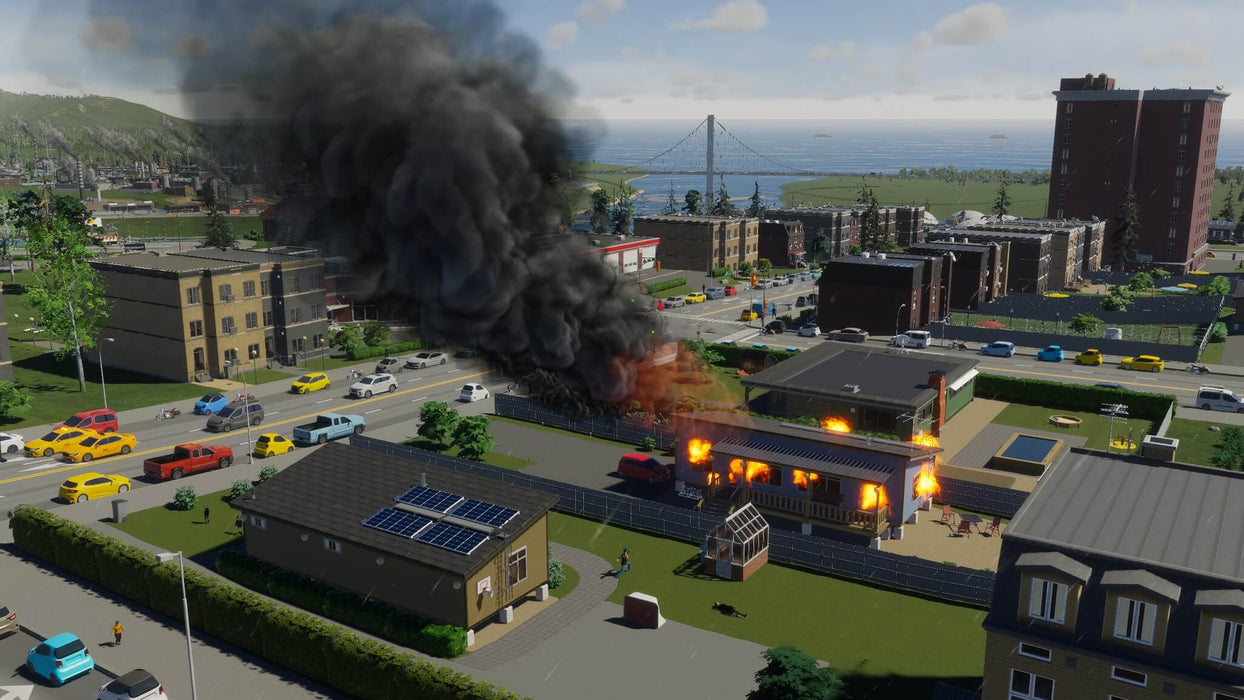 gameplay screenshot: A dynamic emergency response scene in Cities: Skylines II, with firefighters tackling a residential blaze. Experience the most advanced city simulation—get your key now at RushGame.co