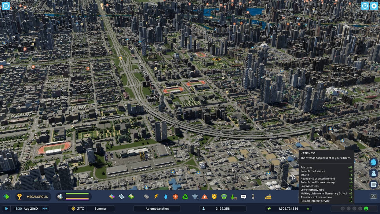 gameplay screenshot: A highly detailed megacity in Cities: Skylines II, featuring skyscrapers, massive road networks, and an advanced urban layout. Get your Steam CD key at RushGame.co