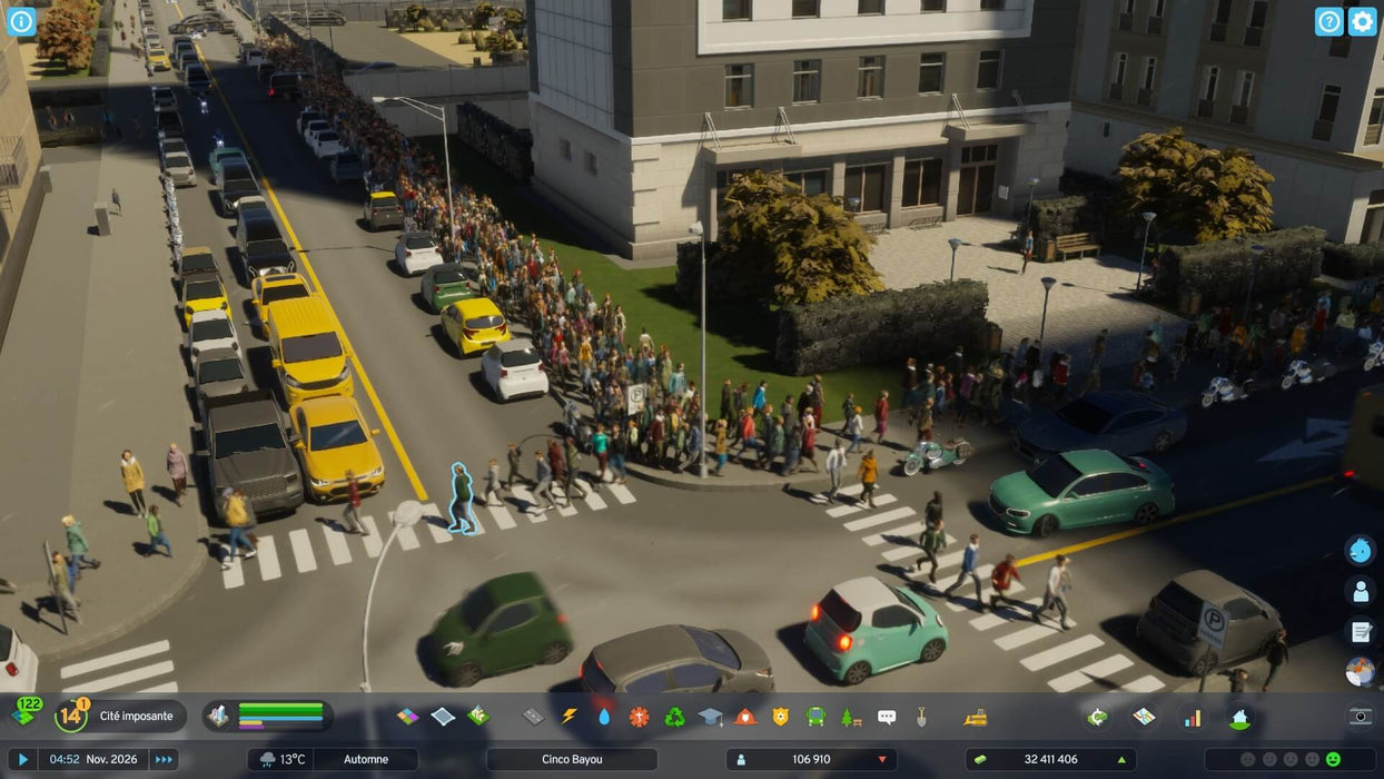 gameplay screenshot: A crowded urban intersection in Cities: Skylines II, filled with cars, buses, and pedestrians in a realistic simulation. Purchase your activation key at RushGame.co
