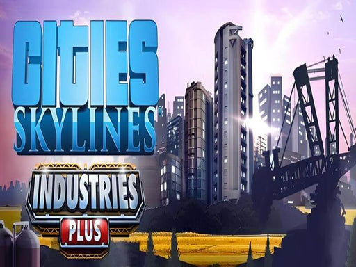 Game cover for Cities: Skylines - Industries Plus DLC, featuring a vibrant cityscape with industrial buildings, bridges, and golden fields under a sunset sky. Get your Cities: Skylines - Industries Plus Steam CD Key at RushGame.co for instant digital delivery and start building your ultimate industrial empire