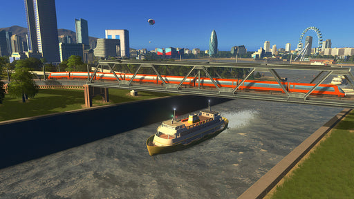 Gameplay screenshot:A scenic urban landscape from Cities: Skylines - Mass Transit DLC, showing a ferry navigating a canal beneath a modern bridge, while a sleek high-speed train crosses overhead. Buy your Cities: Skylines Mass Transit game key on RushGame.co and enhance your city's transport systems with ferries, blimps, and monorails