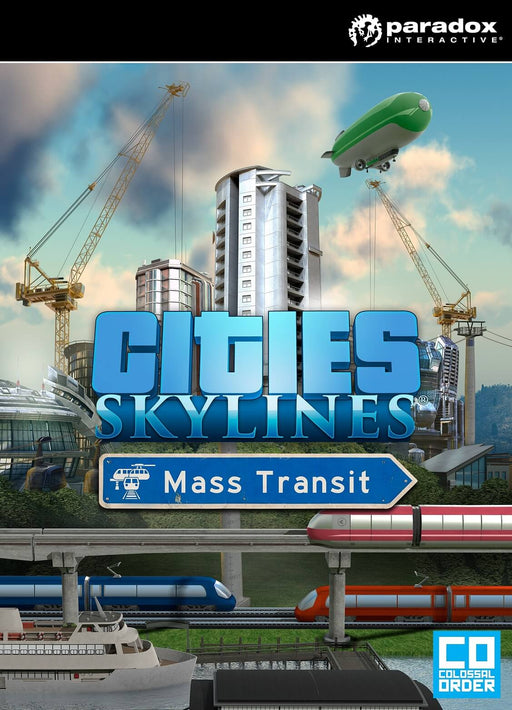 The cover art for Cities: Skylines - Mass Transit DLC, featuring futuristic city buildings, monorails, blimps, and a highway interchange in the background. Get your Cities: Skylines - Mass Transit Steam CD Key at RushGame.co and expand your city's transportation network today