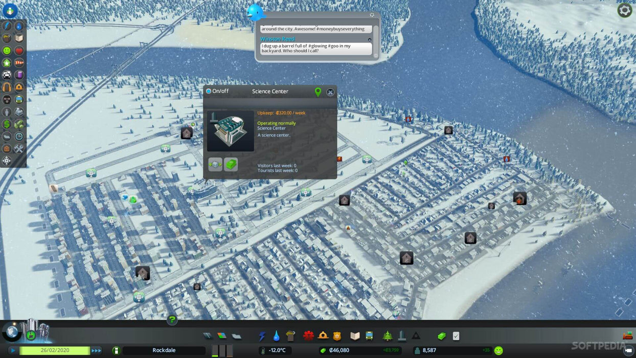 Gameplay screenshot: A top-down gameplay view of a snowy city in Cities: Skylines - Snowfall DLC, featuring detailed city planning tools and a science center. Buy your Cities: Skylines - Snowfall DLC digital game code now at RushGame.co for seamless activation and enhanced city-building under winter conditions