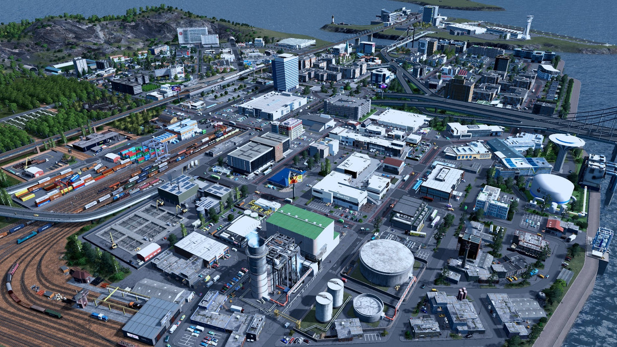 Gameplay screenshot: A high-detail industrial sector in Cities: Skylines, featuring cargo transport, factories, and a well-structured logistics hub. Secure your Cities: Skylines Xbox One Activation Key now at RushGame.co and design your own economic powerhouse