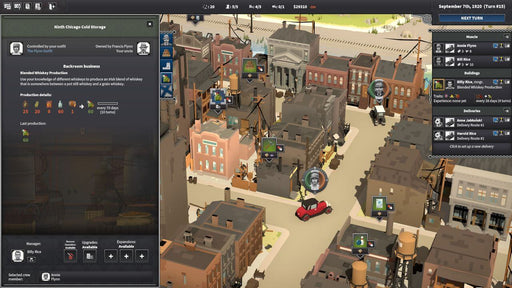 In-game screenshot from City of Gangsters showing a distillery operation producing blended whiskey in a Prohibition-era city. Purchase your City of Gangsters Steam CD Key at RushGame.co and manage your criminal network with strategic decision-making