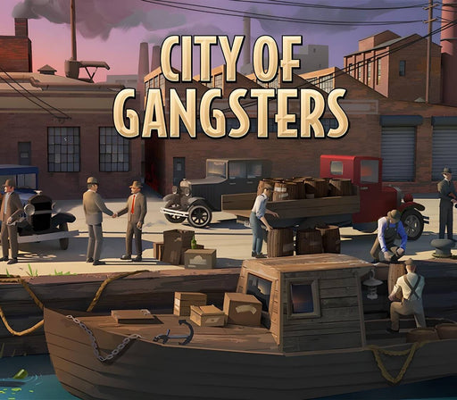 Cover art for City of Gangsters PC Steam CD Key, featuring a stylized depiction of Prohibition-era criminals conducting illicit business near a waterfront. Get your digital activation key for City of Gangsters now at RushGame.co and build your underground empire in this strategic crime simulation