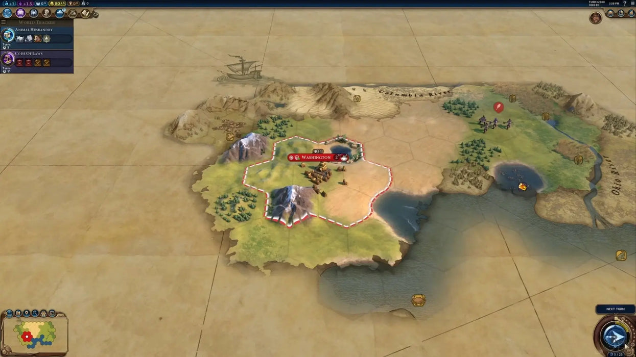 Civilization VI Anthology Steam Key gameplay screenshot showing a newly founded city surrounded by mountains and rivers. Purchase your Civilization 6 Anthology Steam Key from RushGame.co for full access to epic turn-based strategy and digital code delivery!