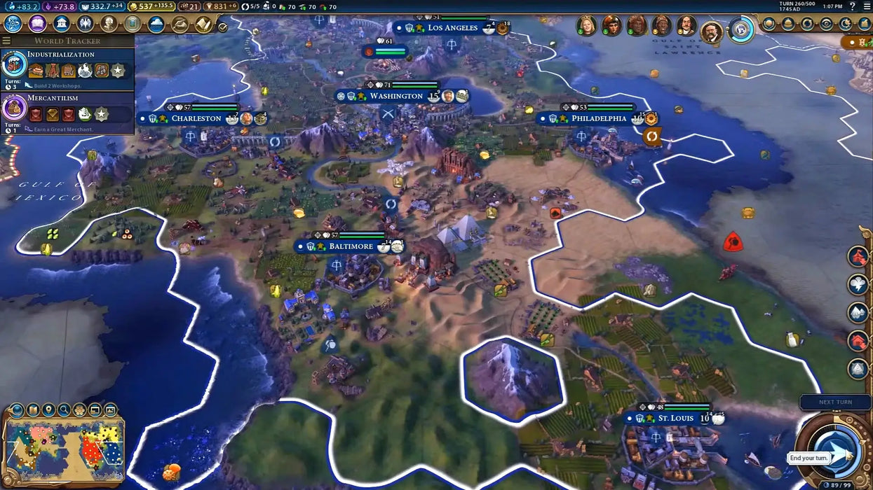 Screenshot from Civilization VI: Gathering Storm DLC showing an advanced city with districts, wonders, and strategic resources on the world map. Explore and expand your civilization with a digital code from RushGame.co – instant Steam key delivery