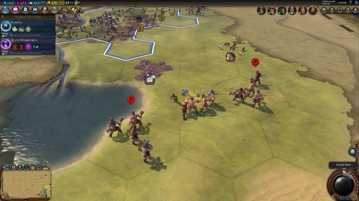Civilization VI: Rise and Fall gameplay screenshot displaying an intense early-game battle between units near the coastline. Enhance your strategy experience with a Steam Key for Civilization VI: Rise and Fall, available instantly at RushGame.co