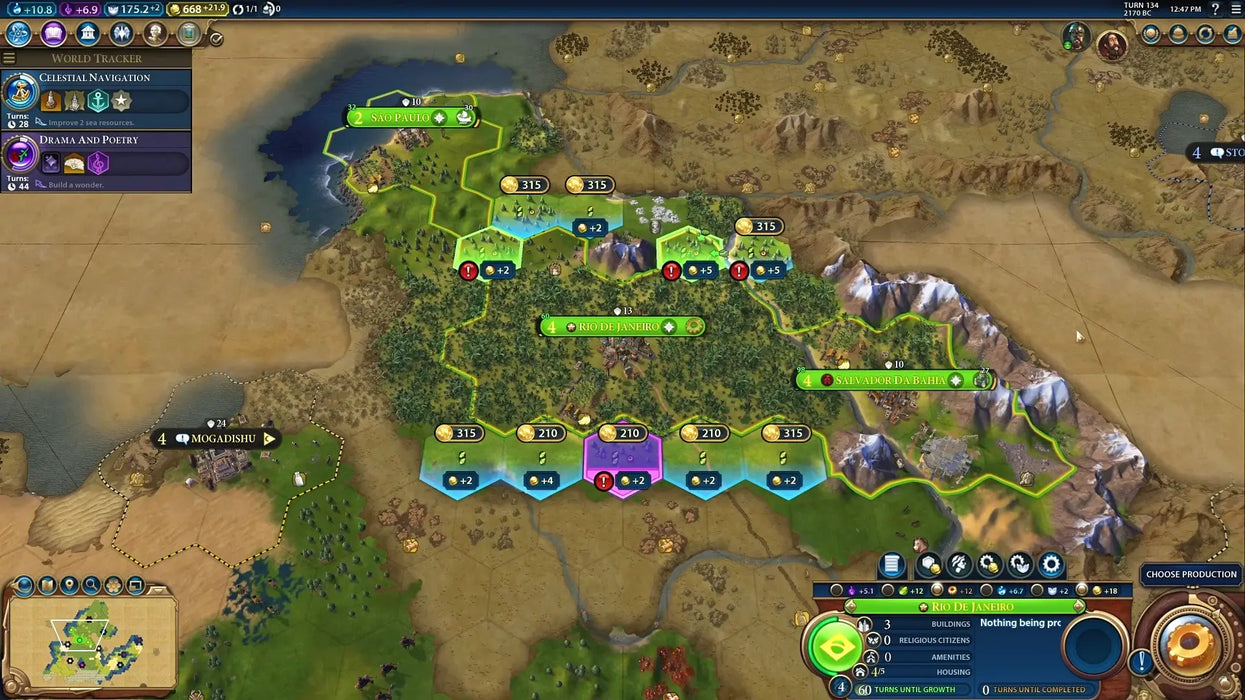 Civilization VI gameplay screenshot featuring multiple cities, tile yields, and city planning interface. Buy your Civilization 6 Steam key at RushGame.co to access all features and start your journey to greatness