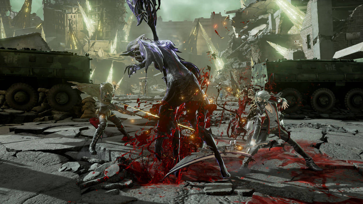 Gameplay Screenshot - Code Vein Digital Deluxe Edition (PC Steam)
A brutal combat scene from Code Vein Digital Deluxe Edition, showing characters battling a monstrous enemy in a ruined cityscape. Experience fast-paced RPG combat and unlock your Code Vein Steam Key at RushGame.co